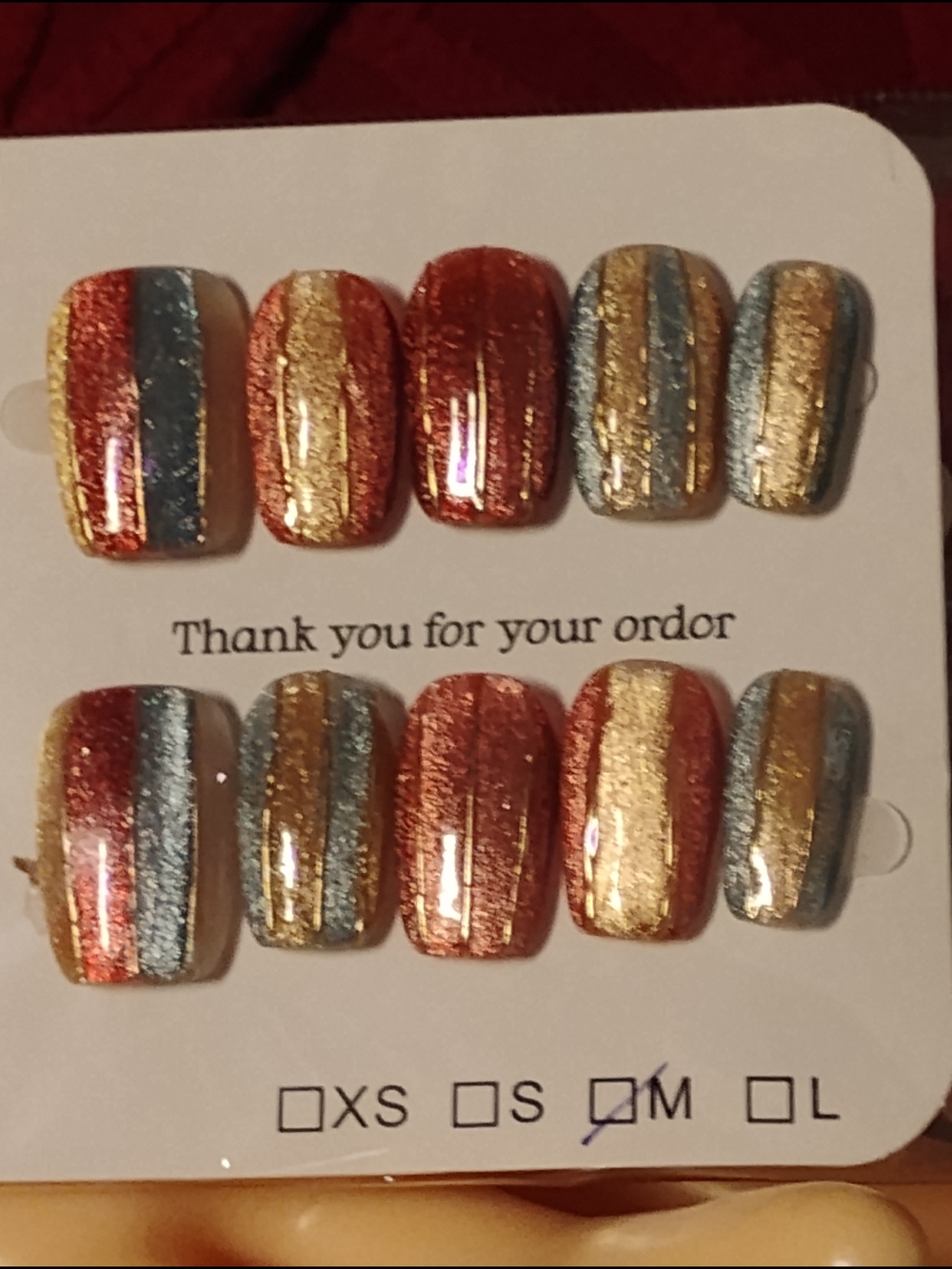 Striped  handmade Glitter Press-On Nails in Red, Gold & Blue size medium